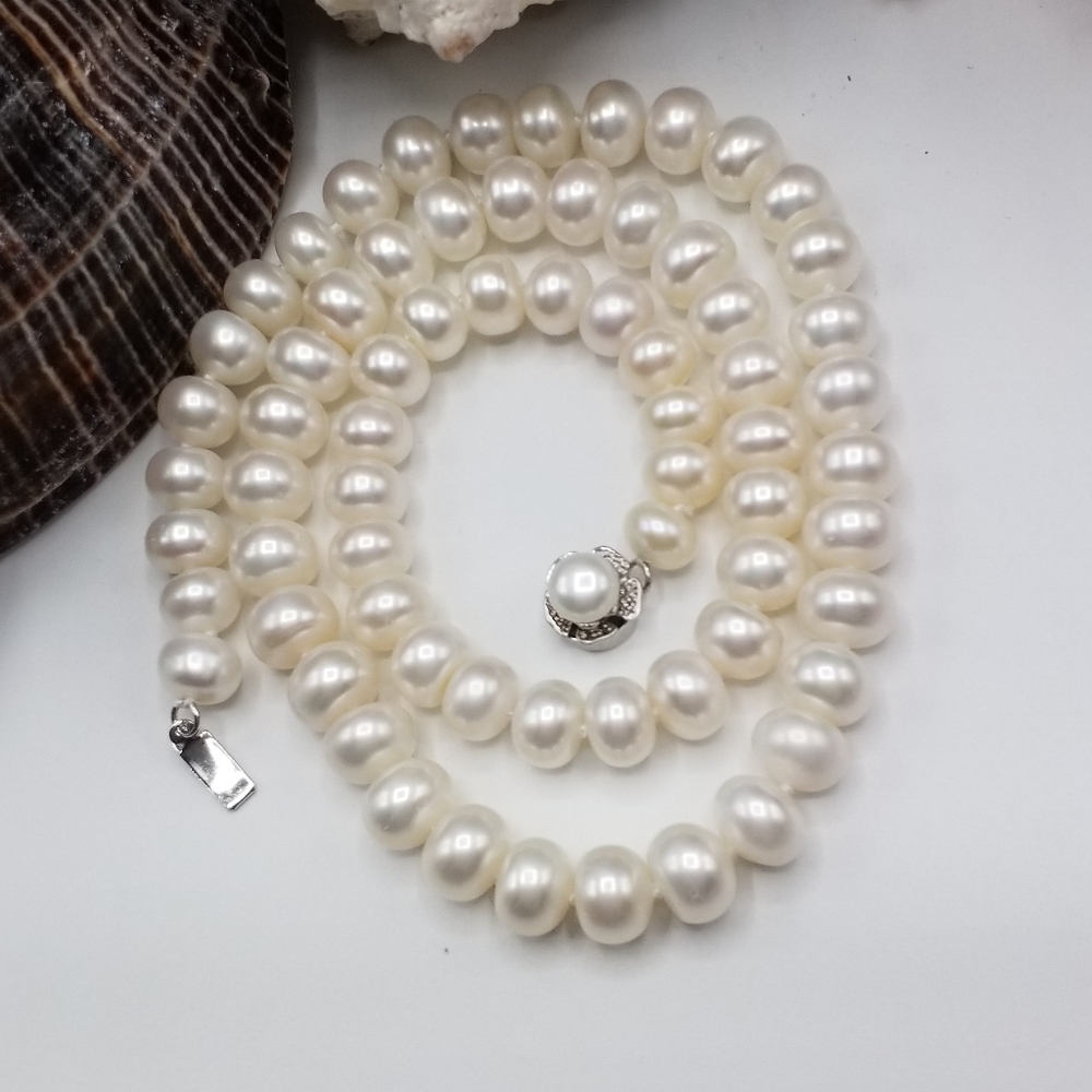 925 Sterling Silver White Freshwater Pearl Necklace With Flower Shaped Clasp - Picture 4 of 10